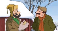 Pettersson und Findus – Gustavsson bestellt bei Pettersson (li.) hundert solcher Weihnachtsmannfiguren.