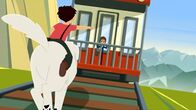 Belle und Sebastian – Sebastian (auf dem Hund Belle) versucht den Zug einzuholen.