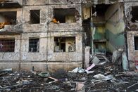 Ukraine - Krieg den Verrätern – 2022 Russian invasion of Ukraine bombed building destroyed Ukraine Russian aggression. Rocket bomb attack Russia against Ukraine war destruction building ruins city destroyed Mariupol damaged Kharkiv / Wojna w Ukrainie