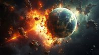 Katastrophen der Erdgeschichte – Der Protoplanet Theia rast kurz nach der Entstehung der Erde auf sie zu. Zerstört wird dabei nur Theia. Die Erde bleibt unversehrt.