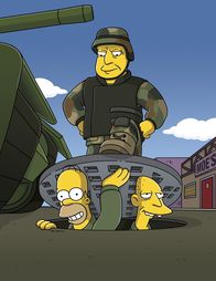 Die Simpsons – Die US-Army ist aufgrund der lodernden Krisenherde in aller Welt dringend auf der Suche nach neuen Rekruten und versucht ihr Glück in Springfield. Um Bart zu schützen wird Homer (unten l.) von Marge ins Wehrbüro geschickt - jedoch mit verheerenden Folgen ...