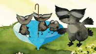 Rudis Rabenteuer – Die Rabenfamilie freut sich. Der Wind hat ihr einen kleinen blauen Schirm zugeweht. Sie hält ihn für einen lustigen Rundumsauser.