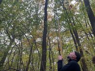 P.M. Wissen – Dr. Simon Jansen von der BOKU Wien macht mit einer Steinschleuder "Jagd" auf Eichenknospen. Dreharbeiten für ServusTVs "P.M. Wissen Episode 169" am 30.10.2023 in Wien