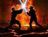 Star Wars: Die Rache der Sith – STAR WARS: EPISODE III - DIE RACHE DER SITH - Plakatmotiv: Zwischen Obi-Wan Kenobi (Ewan McGregor, r.) und seinem ehemaligen Schüler Anakin Skywalker (Hayden Christensen, l.) entbrennt ein Duell auf Leben und Tod in den lavaumströmten Industrieanlagen von Mustafar ...