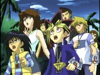 Yu-Gi-Oh! – L-R: Mokuba Kaiba, Téa Gardner, Duke Devlin, Yugi Muto, Tristan Taylor, Joey Wheeler, Serenity Wheeler