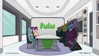 Futurama – v.li.: Bender, Leela, Alphabot, Betabot, Gammabot