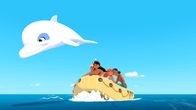 Zoom - Der weiße Delfin – Zoom verfolgt zusammen mit Yann (v.l.), Timeti, Marina und Auru den Schamanen Ramana, der sich, nachdem sein Zepter zerbrochen ist, plötzlich für einen Delfin hält und ihnen davongeschwommen ist.