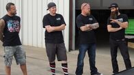 Fast N' Loud – L-R: Charles Cimino, K.C. Mathieu, Mike Coy and Aaron Kaufman stand in a row outside the garage.