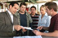 Monk – Treasure" -- Pictured: (l-r) Tony Shalhoub as Adrian Monk, Jareb Dauplaise as Pez, Sean Marquette as Ridley, Traylor Howard as Natalie Teeger, Cody McMains as Troy Kroger -- USA Network Photo: Peter "Hopper" Stone