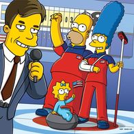 Die Simpsons – Olympische Winterspiele 2010 in Vancouver: Bob Costas (l.), Homer (hinten M.), Marge (r.) und Maggie (vorne M.) ...