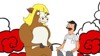 Bob's Burgers – Ein radikaler Dokumentarfilmer platziert eine lebende Kuh vor Bob's Burgers, um ein Statement über Fast-Food und Fleischkonsum zu machen. Bob (r.) ist außer sich vor Wut - doch nach und nach freundet er sich mit dem Tier an ...