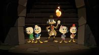 DuckTales – L-R: Louie Duck, Dewey Duck, Scrooge McDuck, Webby Vanderquack, Huey Duck