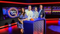 SRF Retro Quiz – L-R: Anna Maier, Moderator Sven Epiney, Maja Brunner und Reto Scherrer im SRF Retro Quiz