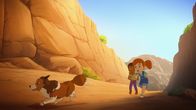 Lassie – Zoé, ihr neuer Freund Harvey und die kleine Lassie fliehen vor den sich nähernden Rauchwolken der Waldbrände.