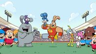 Super-Duper-Hasen-Liga – Mitte, v.li.: Derek, Midnight Bun Bun, Stumpy, Handsome Steve, Bex, Dr. Annabelle