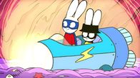 Simon Superhase – Superhase (links) und Captain Hase (rechts) sind bei der Suche nach ihren verschollenen Raumschiffen im Bauch eines gigantischen Fisches gestrandet.