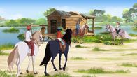 Lenas Ranch – Die Freunde der Ranch (v.l.:) Angelo, Lena, Nico und Anna sind auf der Suche nach einem geheimen Ort.