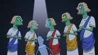 Futurama – Bender (3.v.l.) steht wegen eines Verbrechens vor Gericht. Sein Anwalt greift allerdings zu einem brillanten Verteidigungskniff und somit wird er freigesprochen ...