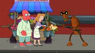 Futurama – Als Zoidberg (l.) einen Verbrecher (r.) vertreibt, der die Blumenverkäuferin Marianne (M.) bedroht, verlieben sie sich ineinander. Doch haben sie eine gemeinsame Zukunft vor sich?