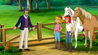 Bibi und Tina – Bibi (m.) und Tina (r.) reiten zu Friedhelm (l.), der traurig ist über den Kontakt-Abbruch seines Freundes Falko.