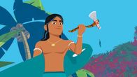 Zoom - Der weiße Delfin – Auru hält das Beil des Schamanen Ramana triumphierend in die Höhe. Das Beil ist wiedergefunden.