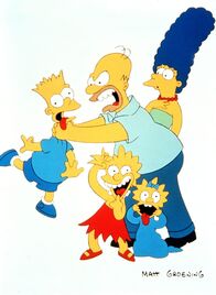 Die Simpsons – (1. Staffel) - Die Familie Simpson in Aktion: Bart (l.) hat wieder seinem Vater Homer (M.) den letzten Nerv geraubt. Marge (r.), Lisa (2.v.l.) und Maggie (2.v.r.) überrascht das nicht.