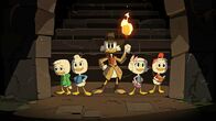 DuckTales – L-R: Louie Duck, Dewey Duck, Scrooge McDuck, Webby Vanderquack, Huey Duck