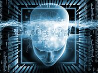 Der Code des Künstlers – Collage of human head, digits and various abstract elements on the subject of artificial intelligence, modern science, computer technology and human and artificial mind