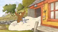 Unser Sandmännchen – Als Dachs und Dr. Brumm die Tür öffnen, kommen riesige Mengen Popcorn nach draußen.