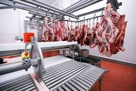 Das System Tönnies – Stockfotografie Eine Menge rohes Fleisch hing und lag hintereinander in einer Fabrik zur Fleischverarbeitung. Horizontale Ansicht.