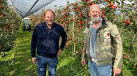 Der Vorkoster – Björn Freitag (l.) lässt sich von Obstanbauer Roland Schmitz-Hübsch (r.) die Apfelernte erklären.