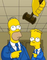 Die Simpsons – Bart (r.) ist diesmal zu weit gegangen: Er hat ein Polizeiauto gestohlen, um pünktlich zur Schule zu kommen. Als Vater wird Homer (l.) vor Gericht für die Tat seines Sohnes bestraft.