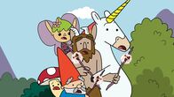 Super Happy Magic Forest – Oh Schreck, der alte Reisigbesen, an dessen Ästen die Tupfen, Twinkle, Herbert, Hufius und Blümchen (von links) ihre Marshmallows grillen wollen, gehört einer Hexe.