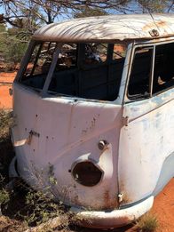 Outback Car Hunters – Kombi before – where it was found – red dirt – front view - right hand angle.