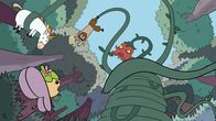 Super Happy Magic Forest – Die vier Helden gehen ohne Herbert auf Mission. Sie sollen sich um eine Rankenpflanze (r.), die im Wald ihr Unwesen treibt, kümmern. Schnell hat sie Blümchen (r.), Twinkle (2.v.r.) und Hufius 3.v.r.) eingewickelt.