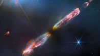 Spacetime – Auf dieser James-Webb-Aufnahme ist ein neugeborener Stern zu sehen, aus dessen Polen Gasstrahlen mit Überschallgeschwindigkeit austreten.