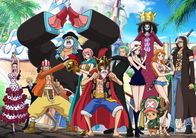 One Piece – (v.l.n.r.) Viola; Sanji; Lysop; Franky; Rebecca; Ruffy; Zorro; Robin; Brook; Nami; Law; (vorne) Chopper