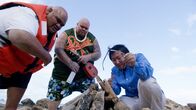 Hawaii Five-0 – On left: Taylor Wily (Kamekona), in the middle Shawn Mokuahi Garnett and on right Masi Oka.