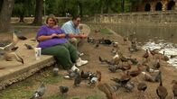 Mein Leben mit 300 kg – Zsalynn and her husband feeding ducks near a pond.