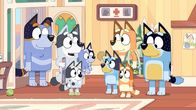 Bluey – L-R: Uncle Stripe, Aunt Trixie, Muffin, Socks, Bluey, Chilli, Bingo, Bandit