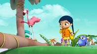 Wissper – Wissper - Lasst mal den Orang- Utan ran - Betty und Frank Flamingo sind mal wieder in Sorge um ihren Nachwuchs. Erst ist ihre kleine Tochter Peggy verschwunden und als sie wieder auftaucht, gibt es ein neues Problem. Wissper eilt herbei, um das Flamingo-Mädchen aus der Liane zu befreien, in der es sich verheddert hat. Aber das ist gar nicht so einfach und bedarf der Hilfe eines außergewöhnlich begabten Freundes. Foto: ORF/STUDIO 100 MEDIA. Veröffentlichung honorarfrei nur für redaktionelle Berichterstattung in Sendungszusammenhang und mit Copyrightangabe. Kontakt: foto@orf.at