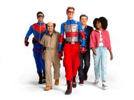 Henry Danger – Season 5, l-r: Captain Man (Cooper Barnes), Schwoz Schwartz (Michael D. Cohen), Henry (Jace Norman), Jasper (Sean Ryan Fox), and Charlotte (Riele Downs)