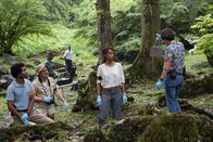 Deadly Tropics – Das Ermittlerteam Aurélien Charlery (Julien Beramis, l.), Philippe Dorian (Valentin Papoudof, 2.v.l.), Mélissa Sainte-Rose (Sonia Rolland, M.) und Gaëlle Crivelli (Beatrice de la Boulaye, r.) findet in der Nähe einer Frauenleiche im Wald einen kleinen Käfig. Darin ist eine Spinne gefangen.