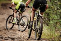 Trailträume – Rückansicht von zwei Radfahrern auf Mountainbikes, die bergauf fahren