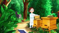 Hexe Lilli – Eine Wissenschaftskollegin Aikos am Bienenkasten.