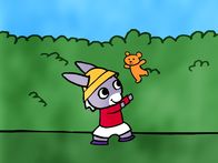 Trotro – An einem heißen Sommertag spielt TROTRO mit seinem Teddy im Garten.