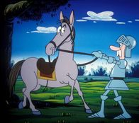 Alice im Wunderland – Don Fernando versucht sein ängstliches Pferd Wanderer zum Turnierplatz zu ziehen.