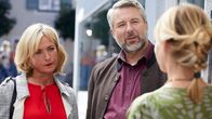 Die Rosenheim-Cops – Die Kommissare Danner (Katharina Abt, l.) und Stadler (Dieter Fischer, r.) versuchen herauszufinden, in welcher Beziehung die Mitarbeiterin der Verstorbenen, Mareike Mattusch (Kathrin Anna Stahl, r.), zu ihrer Chefin stand.