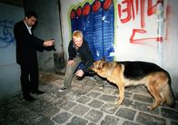 Kommissar Rex – Marc (Alexander Pschill, l.) und Rex stoßen bei ihren Ermittlungen auf einen Junkie (Manuel Löffler, M.). Hat er etwas mit dem Mord zu tun?