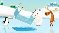 Inui - Abenteuer am Nordpol – Als Inuis Bett ins eiskalte Wasser gefallen ist, kann Grumpel es nur noch als Eisblock herausziehen. Lissy und Hubert staunen.